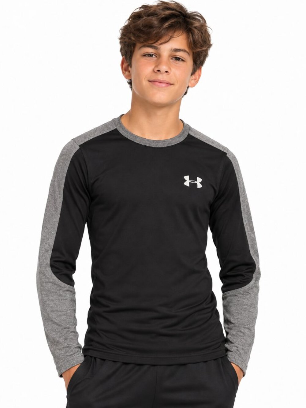 Under Armour ColdGear Youth Large Black Gray Fitted Long Sleeve Athletic Shirt